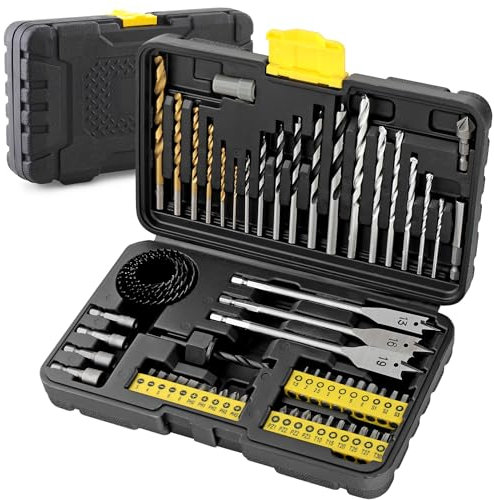 Hi-Spec 63pc Compact Multi Steel Drill Bits and Screw Nut Driver Bit Set. HSS Titanium Coated, Masonry, Brad Point and Hole Saws for Metal, Wood, Brick and Concrete