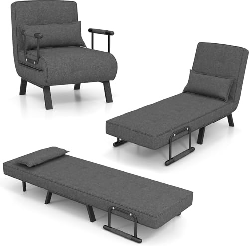 GOPLUS 4 in 1 Schlafsessel mit Bettfunktion, Schlafsofa mit 6-Fach verstellbare Rückenlehne & abnehmbarem Kissen, Relaxsessel Sofabett klappbar für Zuhause 7 Büro (Dunkelgrau)