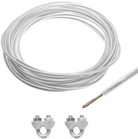 QUARKZMAN 6 Meter x 4mm Drahtseil Verzinkte, Stahlseil Spanndraht Ummantelt mit 2 x M5 Drahtseilklemme, Stahlkern Gardinenseil Wäscheleine Forstseil für Kletterpflanzen Vorhang, Klar