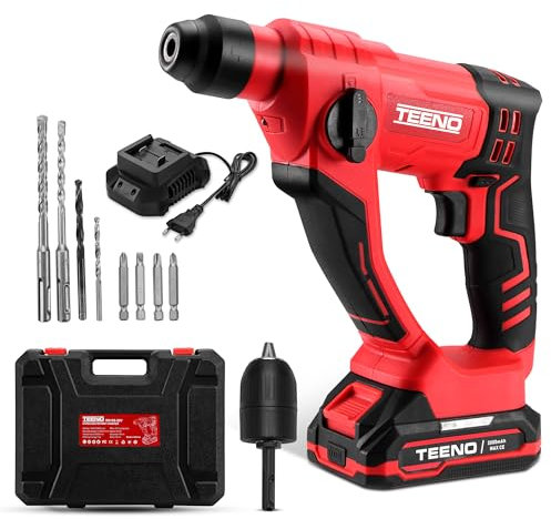 TEENO Bohrhammer, kabellos, mit Akku und Ladegerät, Schlagkraft 1,2 J, Bohrleistung für Beton 14 mm (1 Akku)