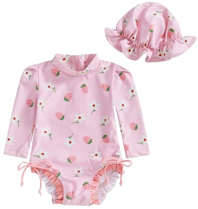 LYSINK Toddler Girl Rash Guard Bathing Suit Long Sleeve Swimsuit and Hat 2Pcs Set