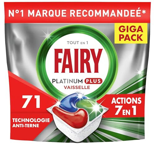 Fairy Platinum Plus Tablettes Lave-vaisselle Tout-en-1, 71 Tablettes, Sans Parfum, Technologie Anti-Terne, Redonne l'Éclat, Prévient le Calcaire, Système Pré-Lavage Intégré, Efficace en Cycle Court
