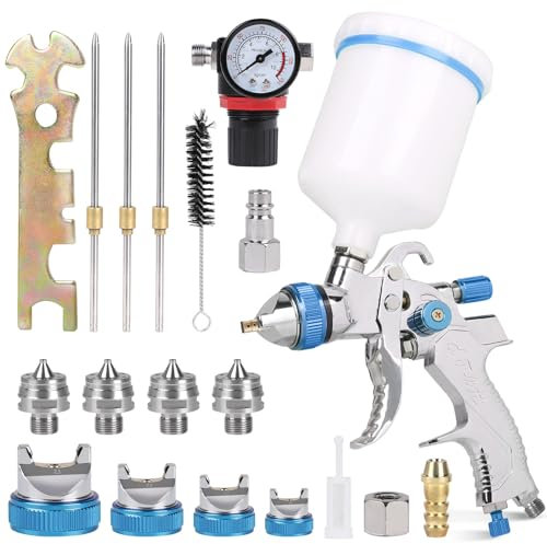 DBREAKS HVLP - Pistola a spruzzo per verniciatura a spruzzo, 1,4/1,7/2,0/2,5 mm, con tazza da 600 ml, 4 ugelli + regolatore di pressione dell'aria, per auto, mobili, fai da te (blu)