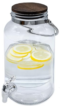 Dispensador de bebidas con grifo y tapa de madera hermética, 6 litros, dispensador de agua de vidrio con asa de metal, zumo de agua, limonada, dispensador de bebidas
