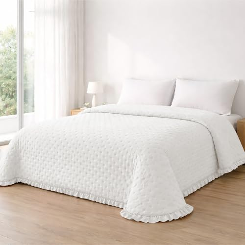 Liniva Home - Colcha Bouti Lavada Termosellada con Volante, SIN Cojines, Ligera para Verano y Entretiempo, 100% Microfibra, Tacto Extra Suave - Modelo Puntitos Elba (Elba - Blanco, Cama 150cm)