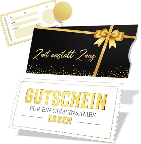 Luckeey Gutschein für ein gemeinsames Essen – Edle Geschenkkarte mit Goldfolie, Umschlag „Zeit anstatt Zeug“ & Rubbelaufkleber und Hülle – Gutscheine zum Selberausfüllen, Gutscheinkarte Essen gehen