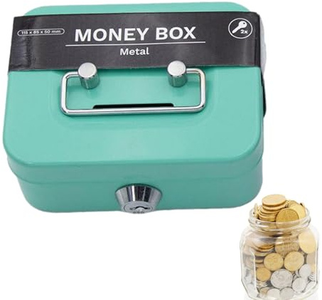 Renopfect abschließbare Geldbox mit 2 Schlüsseln und Hartgeldeinsatz, tragbar geeignet als Spardose, Kaffeekasse oder Sparkasse