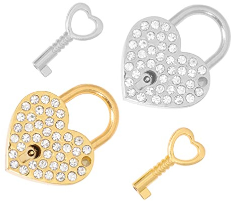 AUTSUPPL Cadenas en Alliage de Zinc Forme Cœur avec Strass, Mini Cadenas Solide Argenté, Lot de 2 Sets de Sets, Décoratif pour Présents et Paquet à Main