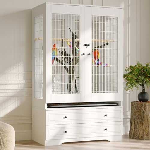 DAWNSPACES Large Bird Parakeet Parrot Cockatiel Cage, Tall Big Bird Flight Cages with 2 Drawers, a Removable Tray, Metal Grid Doors and a Robust Lock for Finch, Conure, Budgie, Macaw, Canary, White