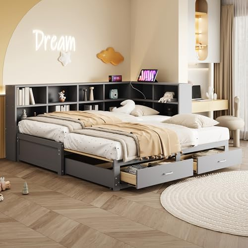 Kebnor Massivholzsofa, Mit Ausziehbarem Bett, Mit Staufach, multifunktionale Euro-Steckdose, Schubladen, Lattenrost, Multifunktionales Einzelholzbett,90/180 * 190cm (Grau)