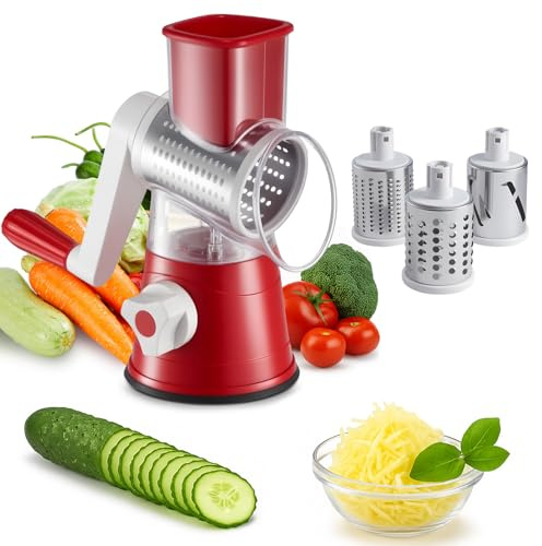 3 in 1 Cheese Grater Rotary Grater Round Vegetable Mandoline Blades Handheld Fruit Vegetable Slicer Shredder for Fruit Nut and Vegetable Grate Red