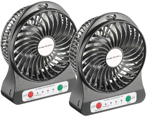 PEARL Tischventilator Akku: 2er-Set 2in1 Akku-Tisch-Ventilator mit LED-Leuchte, 1.300 mAh (Kfz Ventilator, Kleiner Tisch, Mini)