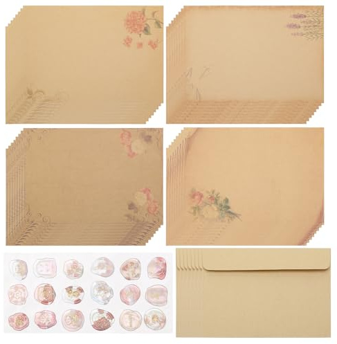 Vintage brevpapper med kuvertset, 32 A5, 8 kuvert och vaxförseglingsklistermärken, brevpapper elegant för bröllop, kärleksbrev och inbjudningar
