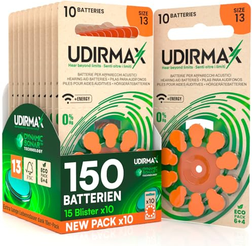 150 Batterien für Hörgeräte Größe 13 Udirmax PR48 Orange Zink-Luft mit Dynamic Sonar Technologie Öko-Pack - 15 umweltfreundliche Blisterpackungen mit 10 Hörgerätebatterien