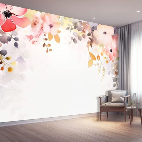 Carta da parati Acquerello Cornice Fiori Elegante Carta da parati moderna stampata in tessuto non tessuto Decorazione murale 400 x 280 cm Per camera da letto Soggiorno Mobili Camera Colorato