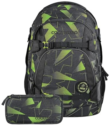 coocazoo Schulrucksack-Set Mate Lime Flash, schwarz, 2-teilig | ergonomischer 30L Tornister, mit Brust- und Hüftgurt, für Kinder ab der 5. Klasse, inkl. Mäppchen