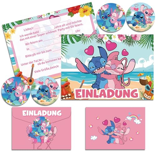 Hangsky 12x Stich Einladungskarten Kindergeburtstag Mädchen mit Umschlag Deutsch, Geburtstagseinladungen Mädchen, Cartoon Einladungskarten Geburtstag Set für Themed Party (A6) (C)
