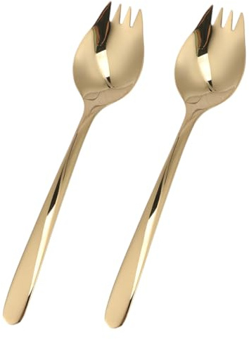SHINEOFI Cuchara y Tenedor de Acero Inoxidable 304 Multifuncional para Ramen y Ensalada, Mango Largo, Utensilios para Servir Pasta y Fideos, Set 2 Piezas Dorado, Adecuado para Camping