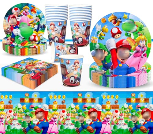 Set di 51 stoviglie Super Bro, per feste di compleanno, per feste di compleanno, per bambini, set con piatti, tovaglie, tovaglioli, tovaglie, tazze per 10 ospiti