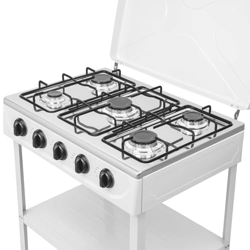 Forno da campeggio autoportante a 5 fuochi, fornello a gas con ripiano, fornello a gas portatile per camper, fornello a gas per campeggio e attività all'aperto (bianco, cinque griglie)
