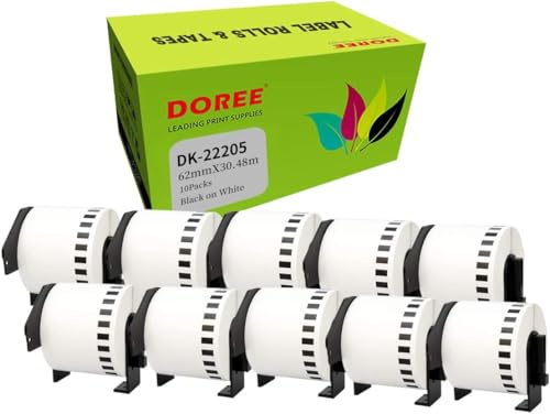 10 x DOREE DK-22205 Etichette Continue, Compatibili con Brother DK-22205,62 mm x 30,48m Rotolo di etichette, Per Stampante etichette Brother QL-500, QL-550, QL-570, QL-700, QL-800, QL-1050, QL-1100