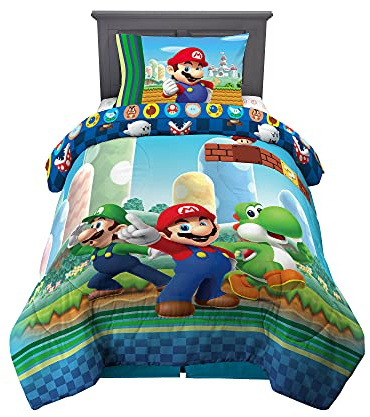 Super Mario Kids Twin Size Bedding, 4 Piece Super Soft Cozy Reversible Comforter and Sheet Set, (Officially Licensed Product) By Franco