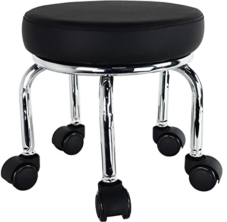 WKWKER Kleiner Rollhocker PU Leder Rollsitz 360 ° Drehbare niedrige runde Hocker mit Universal Rollen für Home Massage Garten Büro Garage Shop Fitness Sport, H: 31.5cm (Schwarz)