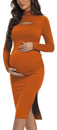 AONESX Long Sleeve Turtleneck Maternity Bodycon Dress, Split Chic Pregnancy Dress for Casual Wear, Baby Shower, Photoshoot, Caramel, Medium