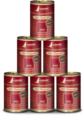 Escapure Welpen Menü 6 x 400g Dose Rind - Nassfutter für Hunde - 57% pures Rinderfleisch Nassfutter - Premium Dosenfutter Beef ohne Zusatzstoffe - Welpen Ergänzungsfuttermittel frei von Getreide
