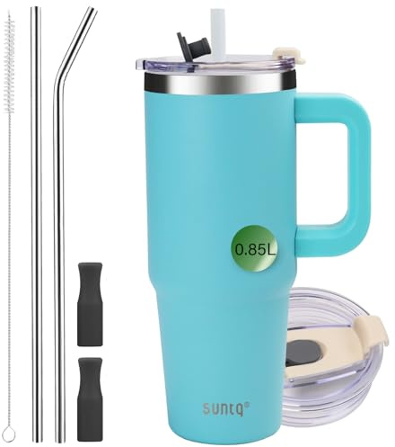 SUNTQ 30 oz tumlare med handtag, dubbelväggig vakuumisolerad vattenflaska med sugrör och lock, rostfritt stål resekaffekopp, termisk kopp för drycker, passar i mugghållare (ljusblå)