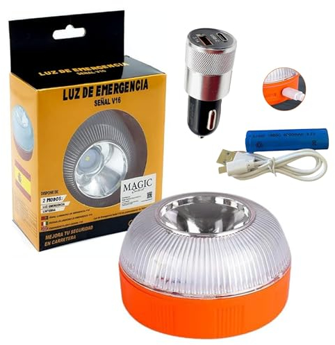 MAGIC SELECT Luz de Emergencia V16 con Cargador de Coche. para Señalización en Carretera de Coche y Moto. Luz Intermitente y Fija con Encendido Automático, Base Imantada, Batería Recargable.
