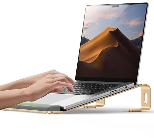 JCZT Aluminum Laptop Stand, Notebook Stand with Wrist Rest, Ergonomic Detachable Laptop Mount, Computer Stand Compatible with 10-17'' All Laptops Such as MacBook Air Pro/HP/Dell/Lenovo, Gold