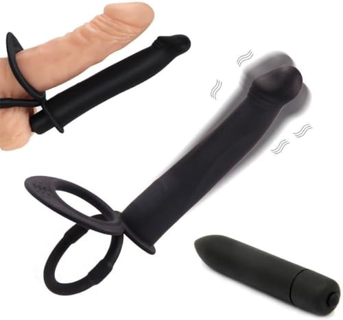 Dual Penetration Vibrating Dildo with Penis Rings, Strap-On Double Penetration Anal Sex Plug, Dildo Vibrator with Cock Rings for Men Sex Enhance, Butt Plug Strapon Anal Sex Toys for Couples (Black)