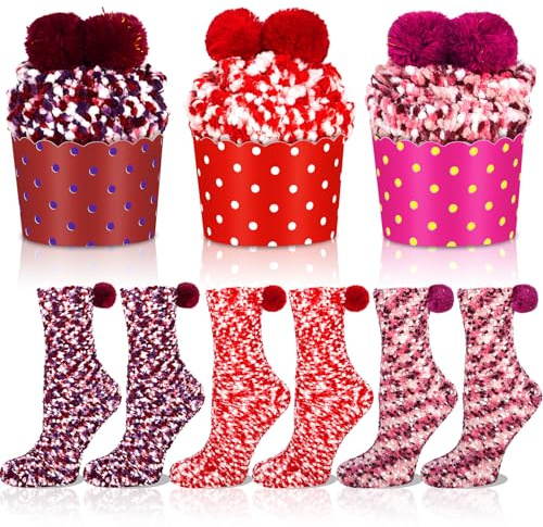 MTINRNI 3 par gåva för kvinnor cuddly strumpor dam jul roliga strumpor gåva idéer bekväm vinter varm cupcake fluffig färgglad hus strumpor gåvor för flickor flickvän syster mamma 36-42, Rosa röd lila,