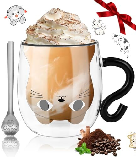 Doppelwandige Katzentasse, 290ml Kaffeeglas Teegläser, mit Löffel, Süße Katze mit Henkel Doppelwandige Kaffeetasse, Geschenke für Frauen, Geschenke für Katzenliebhaber, für Cappuccino,Latte Macchiato