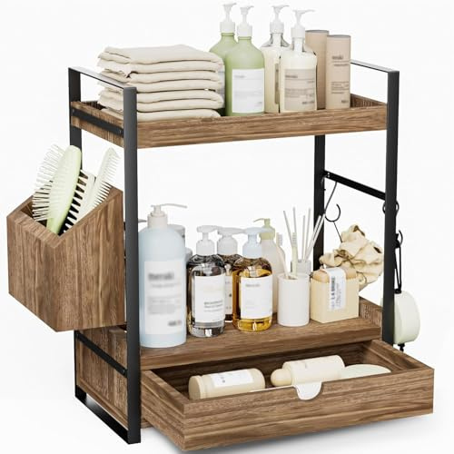 Kottwca 2-Ebenen Badezimmer Organizer mit Schubladen, Körben und 2 Haken | Arbeitsplatten Organizer aus Holz mit Metallgestell, Multifunktionales Gewürzregal, Badregal für Bad, Küche, Büro, Braun