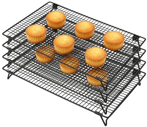 CHEUKYIU Set med 4 kakgaller, kylgaller, 42,5 x 27,5 x 5 cm rektangulär, svart, hopfällbart kolstål, kylgaller, för bröd, tårta, grillning, kök, utomhus