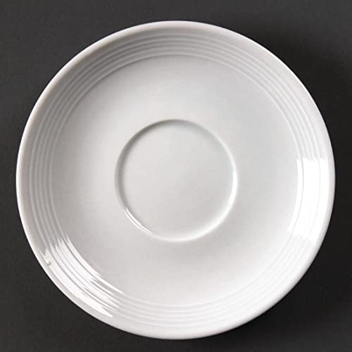 Olympia Linear Porcelain Stacking Tea Cup Saucers, White, 12 Pack | Oven, microwave and dishwasher safe with thermal shock resistance, backed by an edge chip warranty for busy kitchens.