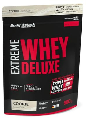 Body Attack Extreme Whey Deluxe, proteína en polvo con aminoácidos y complejo de triple suero con aislado de suero, proteína en polvo perfectamente soluble, bajo en azúcar, bajo en grasas, lata de, turrón de nueces, Galletas y crema, 900g, calidad Made in Germany