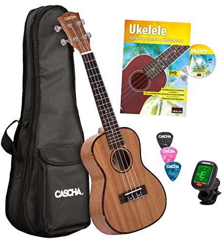 Cascha Konzert Ukulele Set I Ukulele Starter Kit mit 3 Plektren Tasche Stimmgerät & spanischem Lehrbuch I Konzert Ukulele Mahagoni I Kleine Hawaii Gitarre für Anfänger & Fortgeschrittene