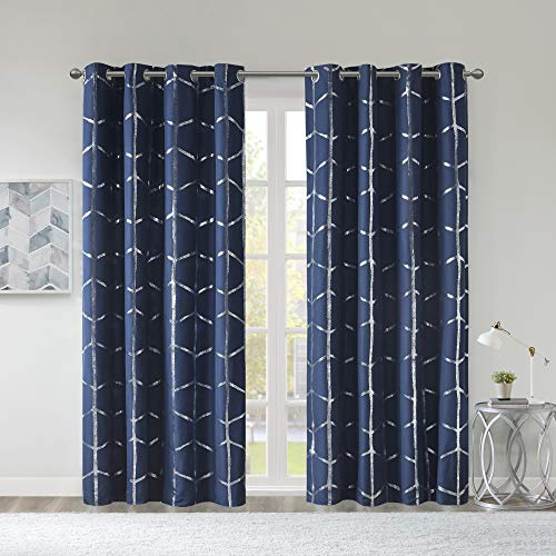 Intelligent Design Raina Total Blackout Metallic Print Grommet Top Single Window Curtain Panel Thermal Insulated Light Blocking Drape for Bedroom Living Room and Dorm, 50x63, Navy/Silver 1 Piece