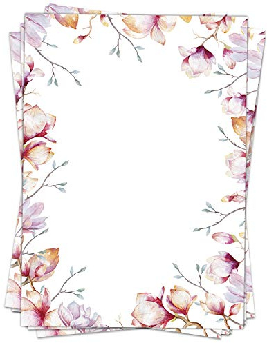 50 Blatt Briefpapier (A4) | Magnolien | Motivpapier | edles Design Papier | beidseitig bedruckt | Bastelpapier | 90 g/m²