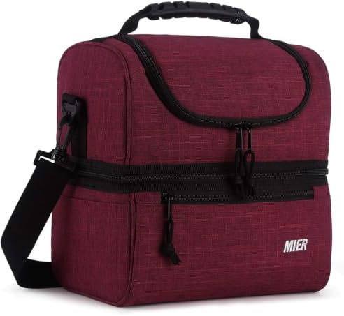 MIER Dual Deck Lunch Bag for Men with Detachable Shoulder Strap, Dark Red, L | Insulated Cooler for Work, Travel, Office, Picnics,Leakproof, Water Resistant,Comfy to Carry, Easy to Clean, Large Capacity