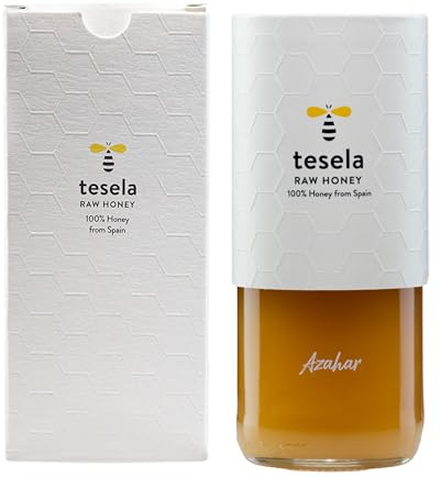 Miel cruda sin filtrar Tesela Natura, miel pura de abejas, natural. Tarro de cristal premium 320 gr (320 gr con caja regalo, Azahar)