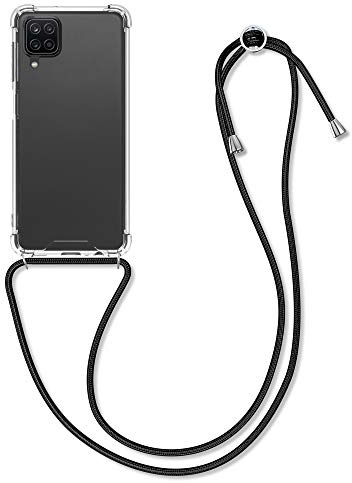 kwmobile Crossbody Case Compatible with Samsung Galaxy A12 Case - Clear TPU Phone Cover w/Lanyard Cord Strap - Black/Transparent
