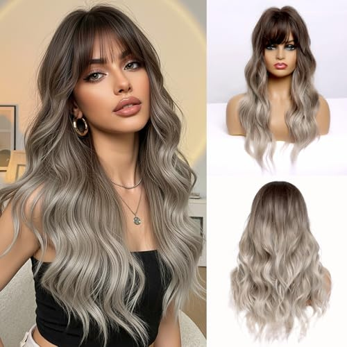 Esmee 24 Zoll Lange Lockige Haar Perücken für Frauen Ombre braun bis Grau Natürlich synthetische Haar Perücke mit Pony