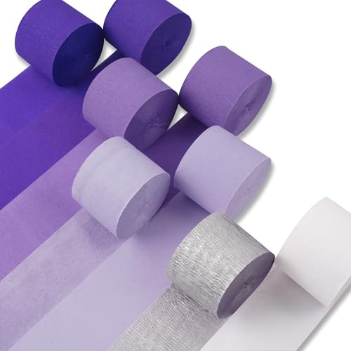 PartyWoo Purple Crepe Paper Streamers 8pcs 656ft Pack of Light Dark Purple Lavender White Silver Crepe Paper Streamers for Birthday Baby Shower Graduation Princess Butterfly Theme Party Decorations