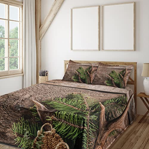 Ambesonne Antlers Sheet Set, Evergreen Branch Deer Antler Against Rustic Wooden Background Print, Fitted and Flat Sheet with Pillowcases Bedding Accent 4 Piece Set, Full, Fern Green Umber
