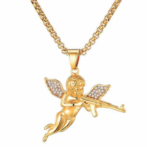 Jemant Angel Necklace For Women Men Stainless Steel Raise A Gun Pendant Crystal Gold Hip Hop Little Angel Wing Necklace For Him Her Bro (Gold)