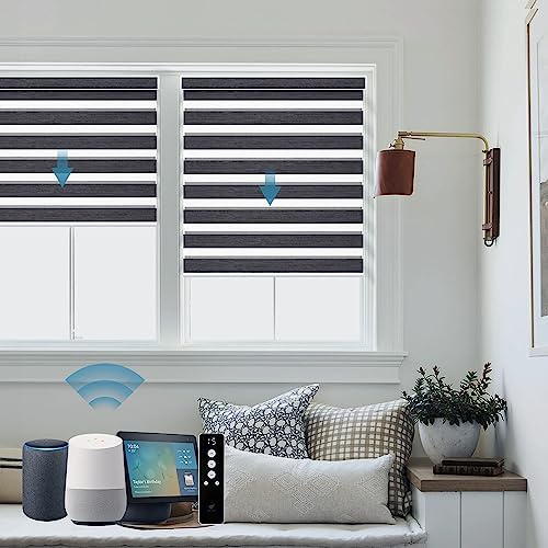 SmartWings Motorized Zebra Blinds with Remote, Custom Size Smart Electric Roller Shades for Windows, Automatic Light Filtering Dual Layer, Cordless Battery Motor, 95mm 85% Blackout Graphite